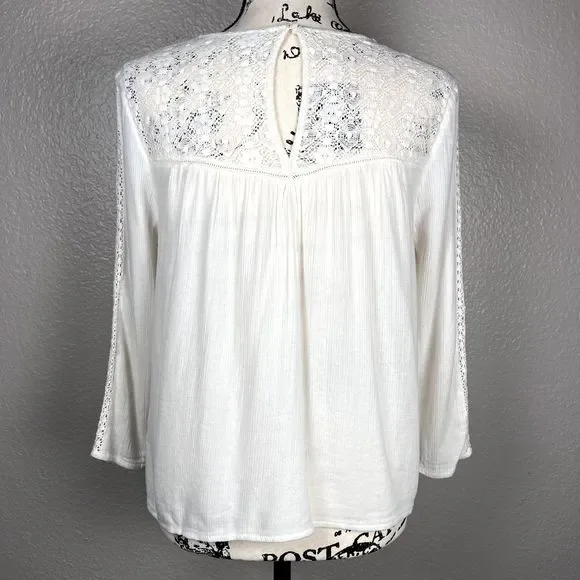 Hinge Sz S 3/4 Sleeve Sweetheart Lace Bodice Blouse White Lace Accents Boho - Picture 2 of 13